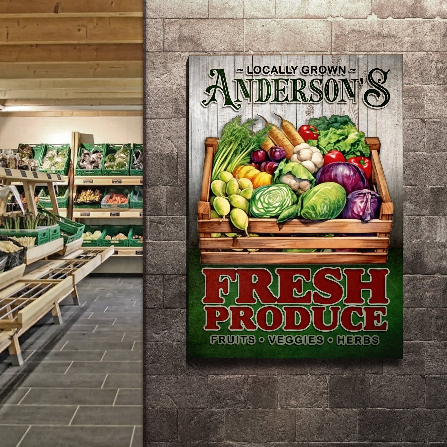 Locally Grown Fresh Produce Sign canvas mounted on brick wall with vibrant produce crate on Tampa Home & Garden Store