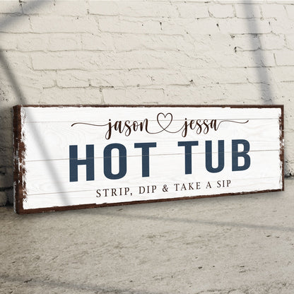 Hot Tub Sign canvas by Tailored Canvases; rustic white sign with navy HOT TUB lettering on Tampa Home & Garden Store
