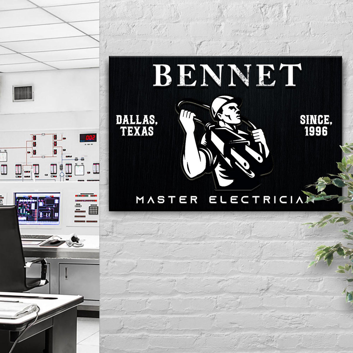 Master Electrician Sign canvas by Tailored Canvases, black with white BENNET lettering on Tampa Home & Garden Store