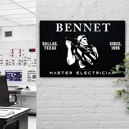 Master Electrician Sign canvas by Tailored Canvases, black with white BENNET lettering on Tampa Home & Garden Store