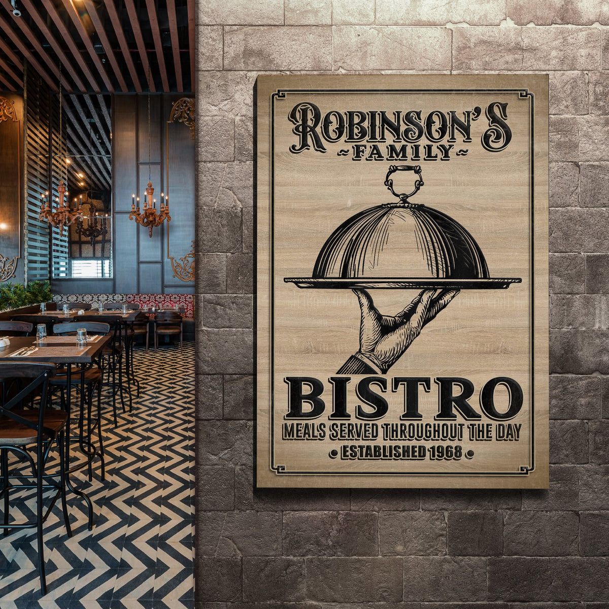 Family Bistro Sign III canvas by Tailored Canvases with vintage wood-grain sign on Tampa Home & Garden Store