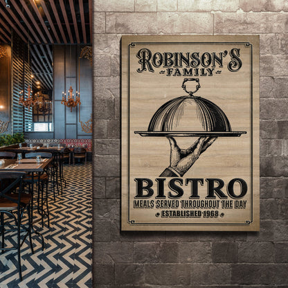 Family Bistro Sign III canvas by Tailored Canvases with vintage wood-grain sign on Tampa Home & Garden Store