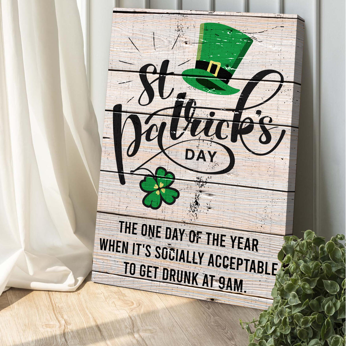 St Patrick's Day Sign IV canvas with green leprechaun hat on rustic wood background on Tampa Home & Garden Store