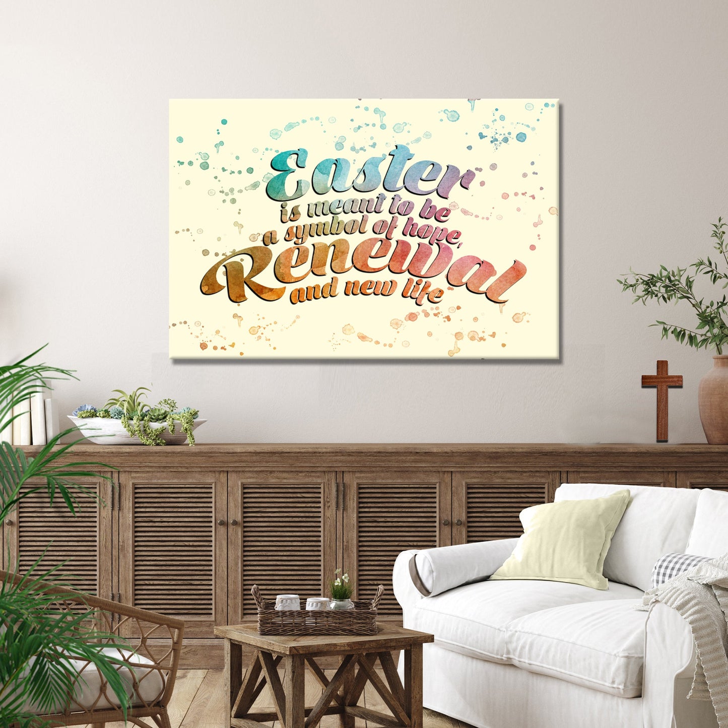 Canvas Easter sign Tailored Canvases with pastel watercolor lettering on pale background on Tampa Home & Garden Store