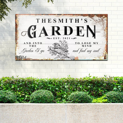 Family Garden Sign canvas with rustic white wood background and rusted edge frame on Tampa Home & Garden Store