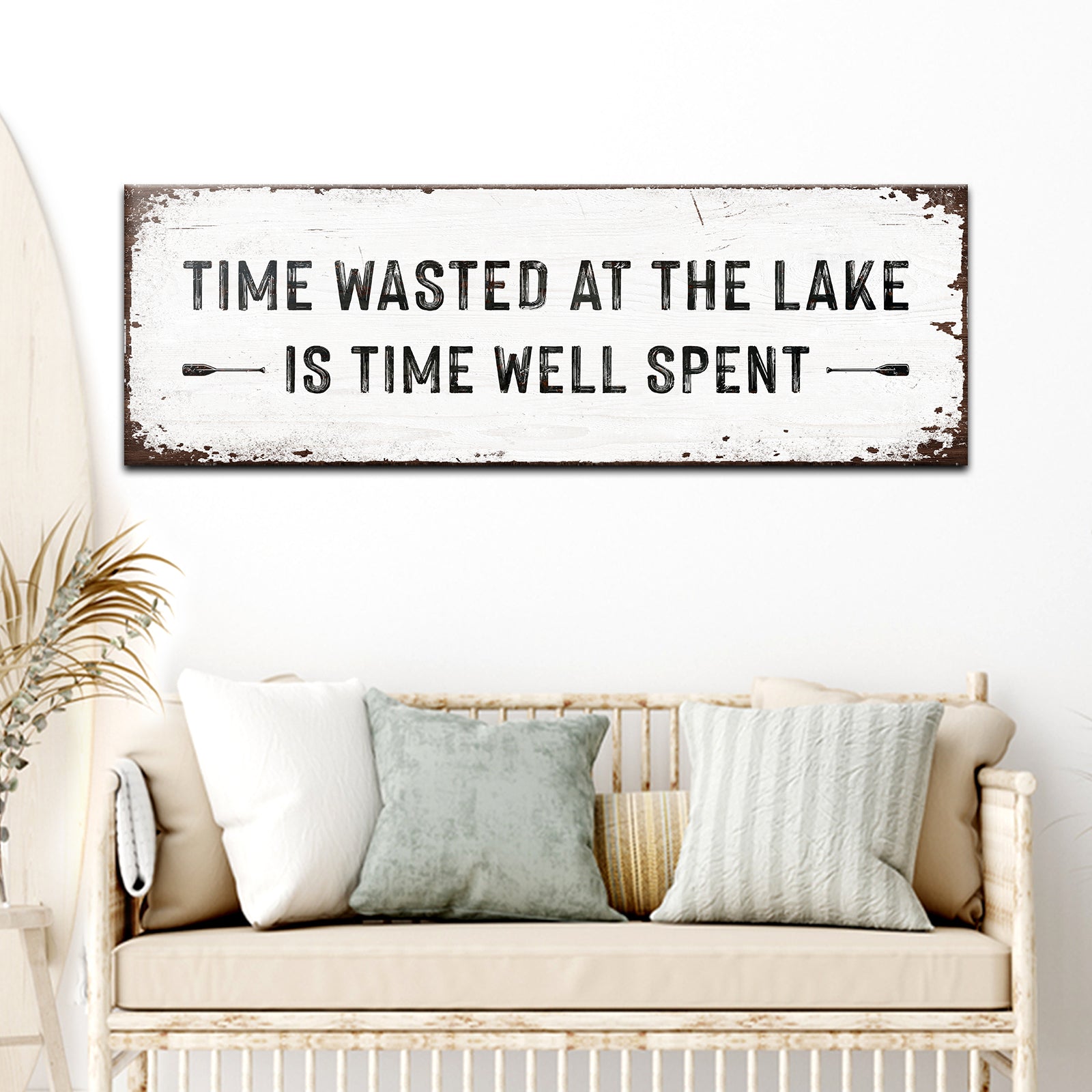Time At The Lake Sign canvas wall art, rustic distressed white with brown edges Tailored Canvases on Tampa Home & Garden Store