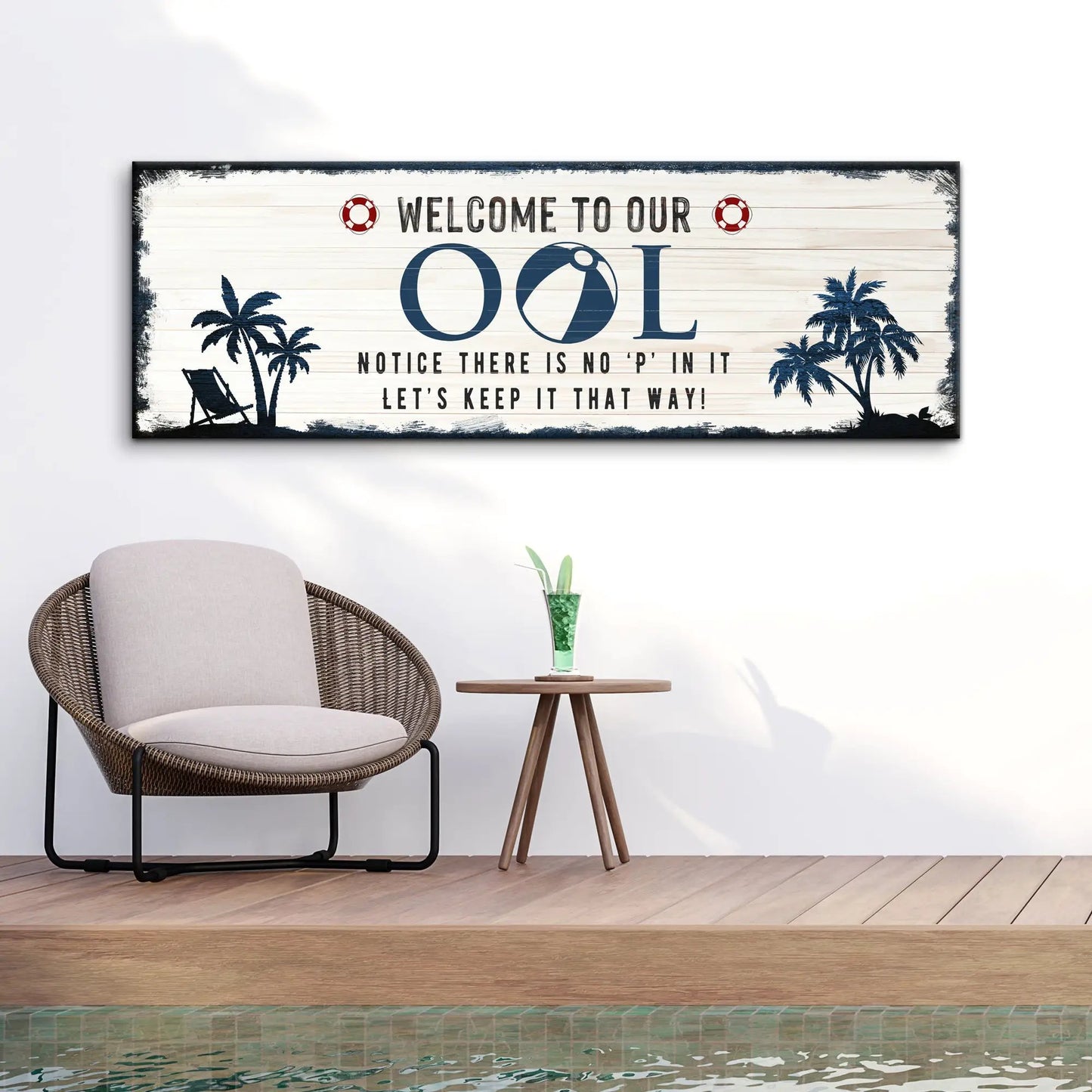 Welcome To Our Pool Sign canvas by Tailored Canvases with white wood and navy palm silhouettes on Tampa Home & Garden Store