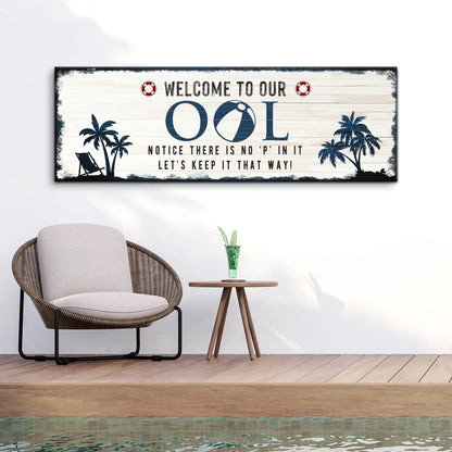 Welcome To Our Pool Sign canvas by Tailored Canvases with white wood and navy palm silhouettes on Tampa Home & Garden Store