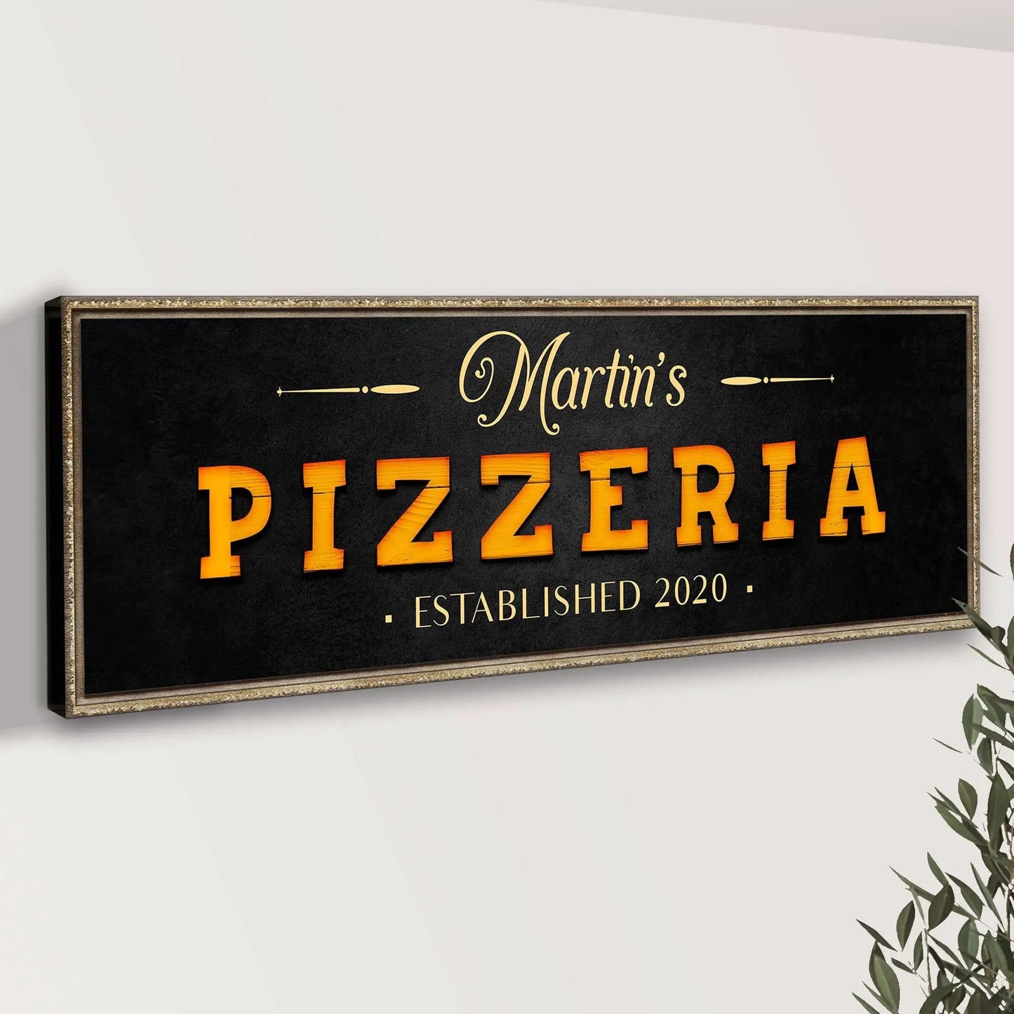 Canvas wood pizzeria sign with black background ornate gold frame orange gradient 3D letters Tailored Canvases on Tampa Home & Garden Store