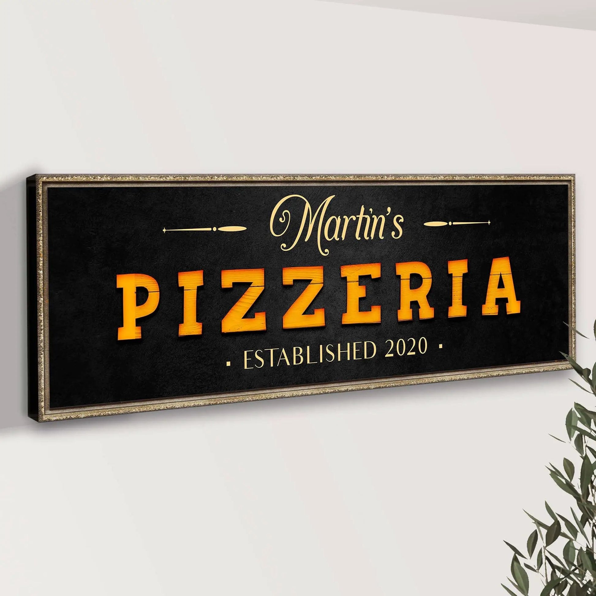 Canvas wood pizzeria sign with black background ornate gold frame orange gradient 3D letters Tailored Canvases on Tampa Home & Garden Store
