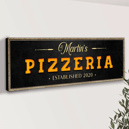 Canvas wood pizzeria sign with black background ornate gold frame orange gradient 3D letters Tailored Canvases on Tampa Home & Garden Store