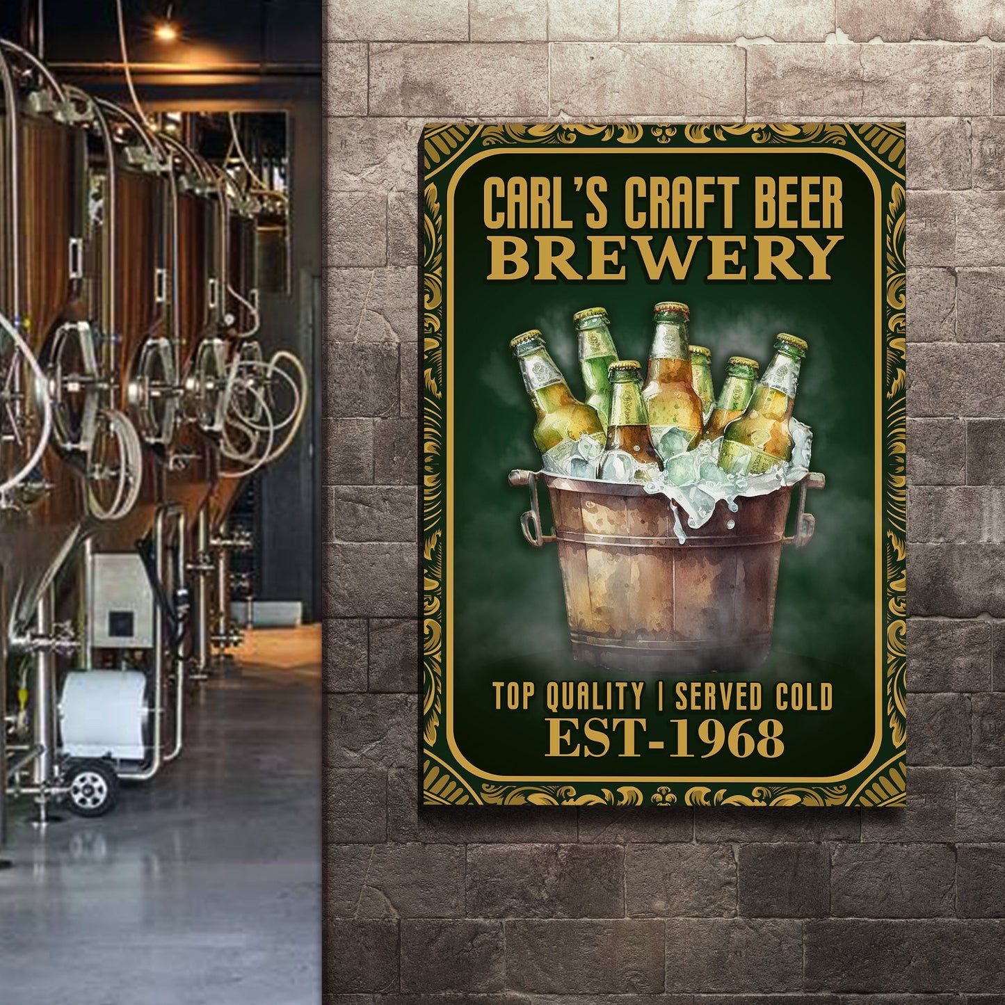 Craft Beer Brewery Sign canvas by Tailored Canvases with dark green and gold frame on Tampa Home & Garden Store