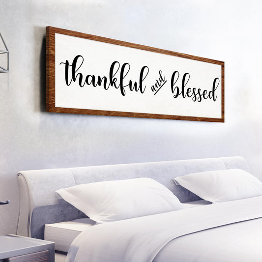 Thankful and Blessed canvas sign by Tailored Canvases, wood frame, black cursive text on Tampa Home & Garden Store