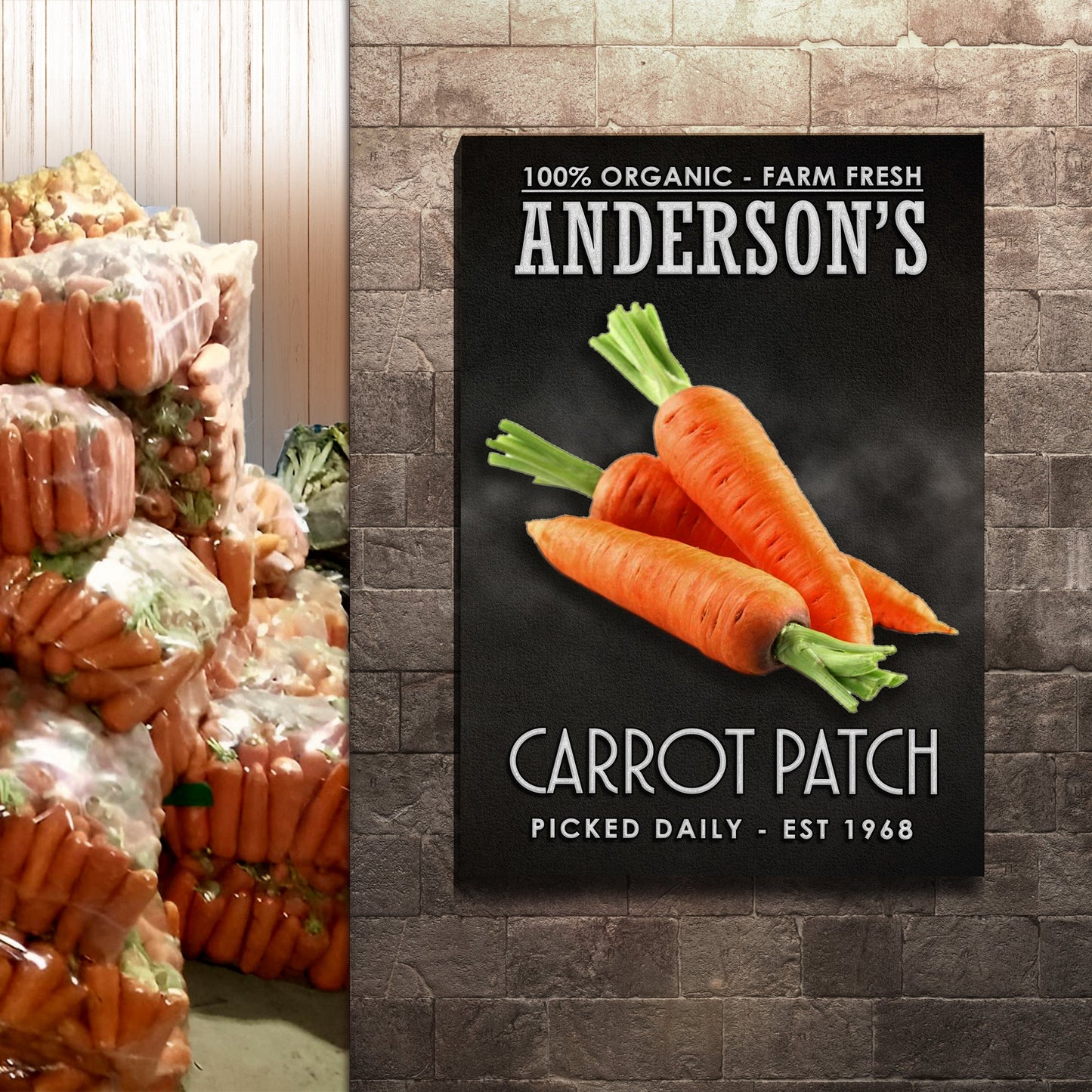 100% Organic Carrot Patch Sign canvas by Tailored Canvases with carrot illustration on Tampa Home & Garden Store