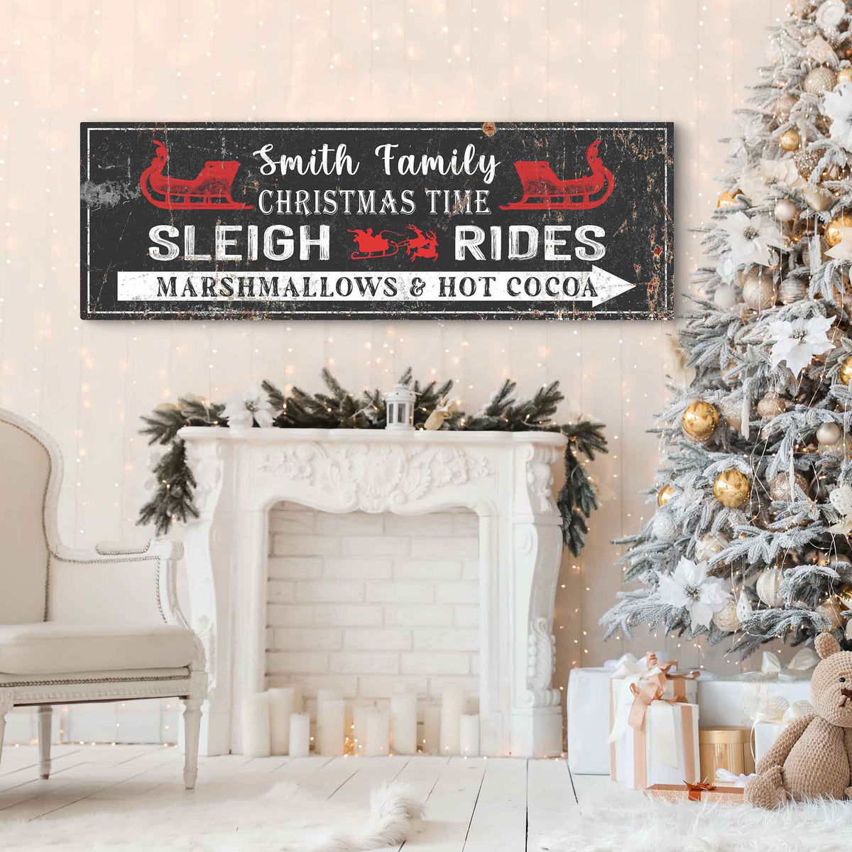 Canvas Christmas Sleigh Rides Sign Tailored Canvases; black sign with red sleigh icons on Tampa Home & Garden Store