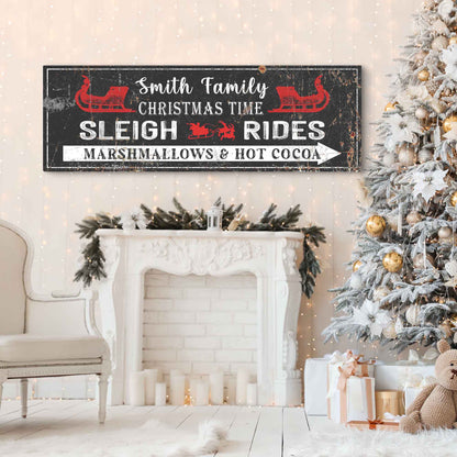 Canvas Christmas Sleigh Rides Sign Tailored Canvases; black sign with red sleigh icons on Tampa Home & Garden Store
