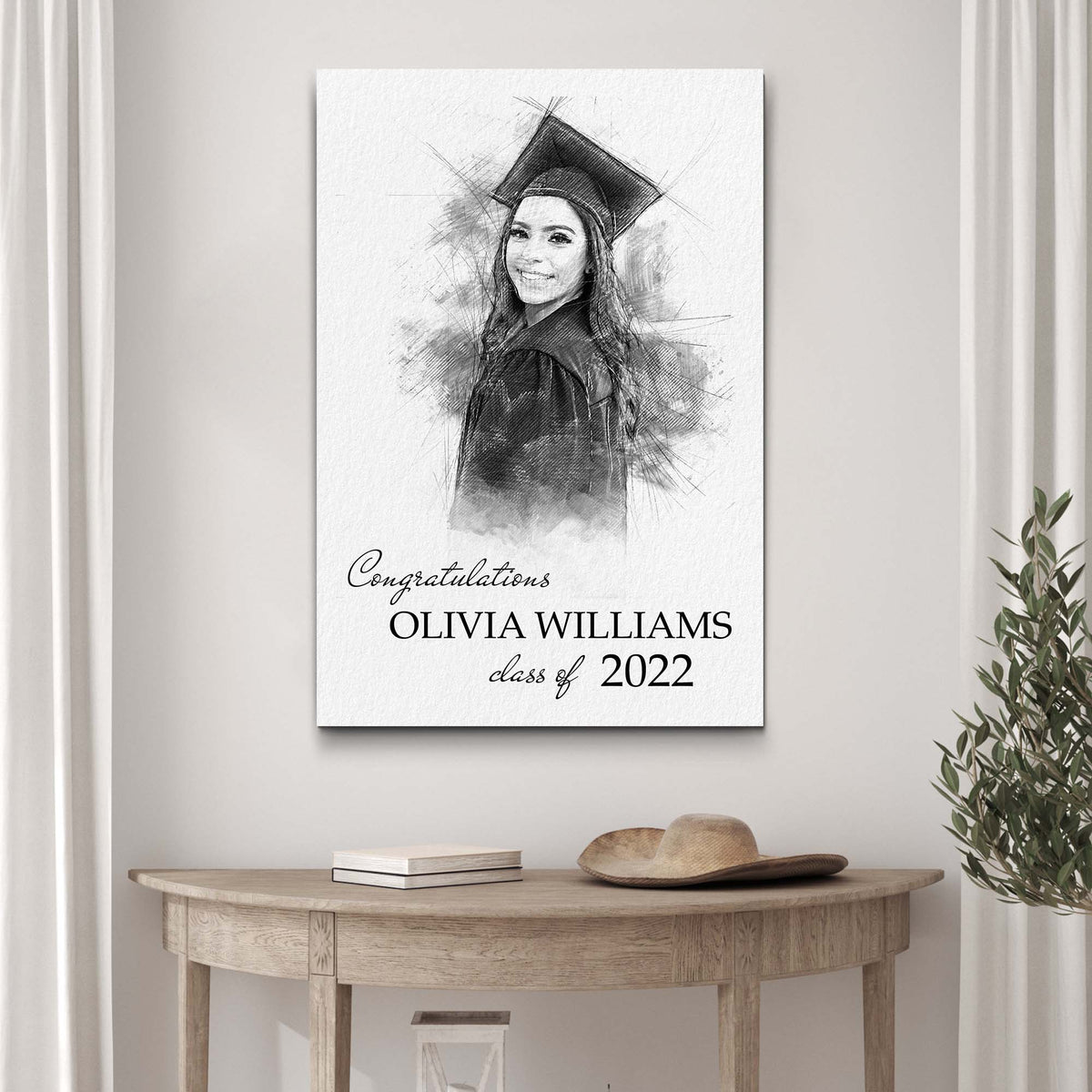Graduation photo pencil sketch canvas Tailored Canvases showing Olivia Williams class of 2022 on Tampa Home & Garden Store