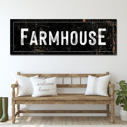 Farmhouse Sign canvas by Tailored Canvases, distressed black with bold white FARMHOUSE lettering on Tampa Home & Garden Store