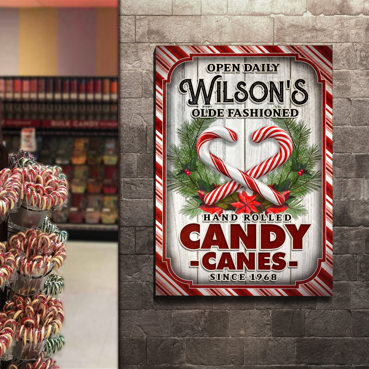 Olde Fashioned Hand Rolled Candy Canes sign canvas with red border and candy canes on Tampa Home & Garden Store