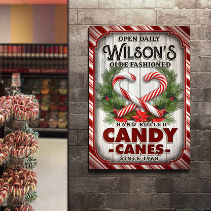 Olde Fashioned Hand Rolled Candy Canes sign canvas with red border and candy canes on Tampa Home & Garden Store