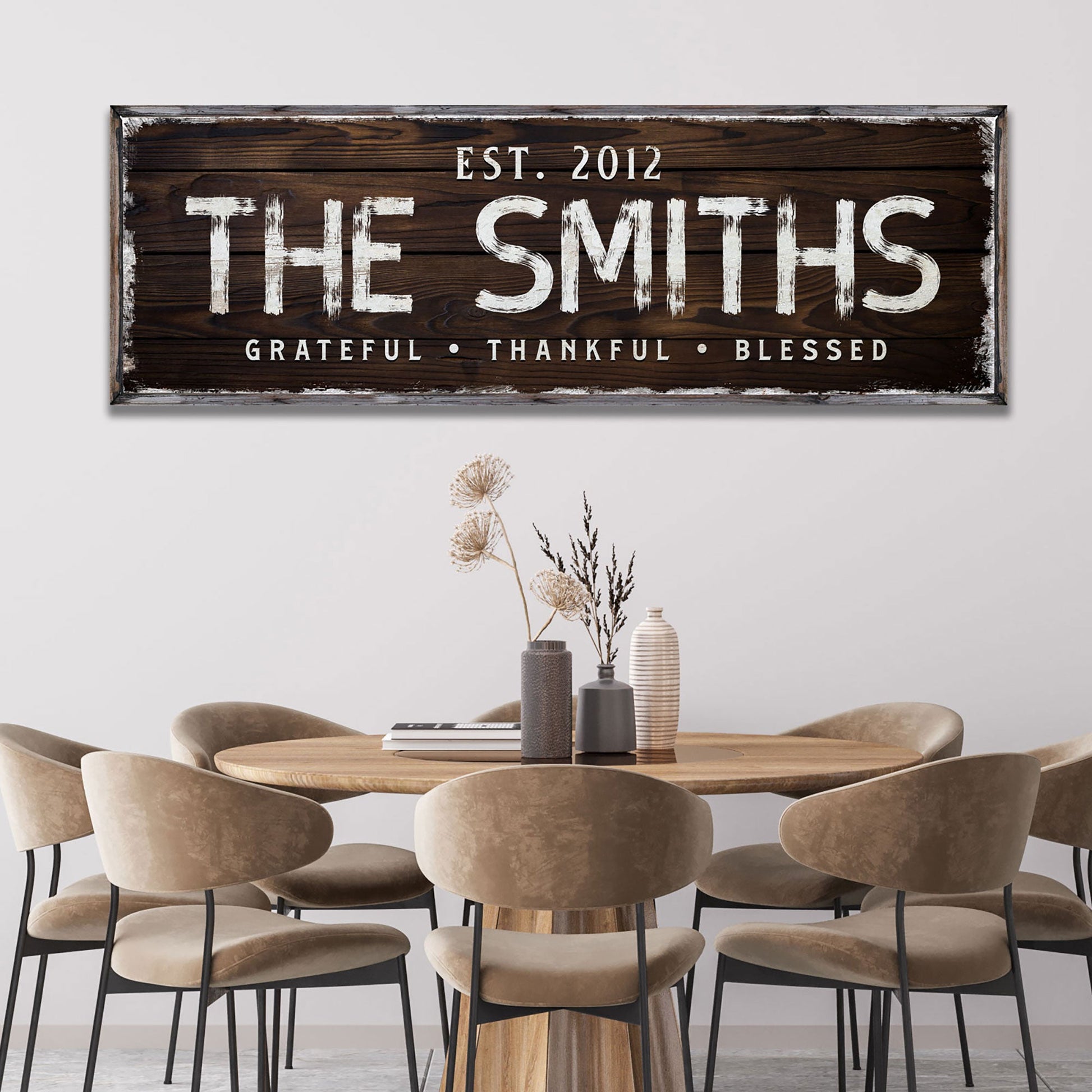 Thanksgiving Family Sign II canvas, rustic wood with THE SMITHS EST 2012, GRATEFUL BLESSED on Tampa Home & Garden Store