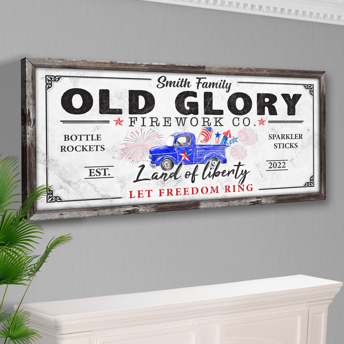 Canvas sign Tailored Canvases Old Glory Firework Co Let Freedom Ring with vintage blue truck on Tampa Home & Garden Store