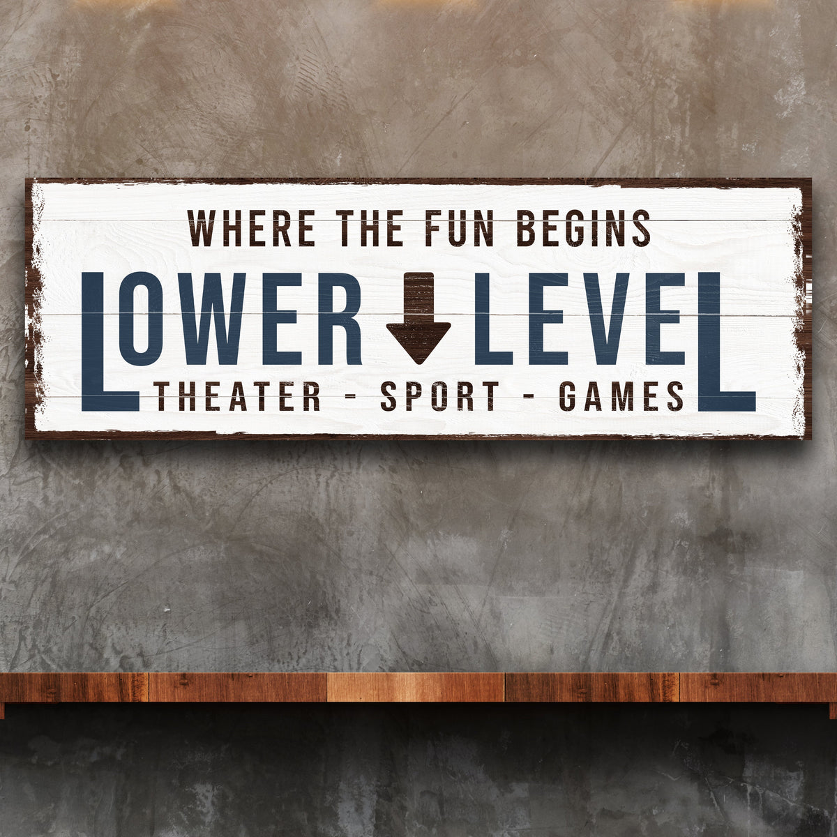 Lower Level Sign III canvas by Tailored Canvases with a distressed white panel and bold blue LOWER LEVEL lettering on Tampa Home & Garden Store