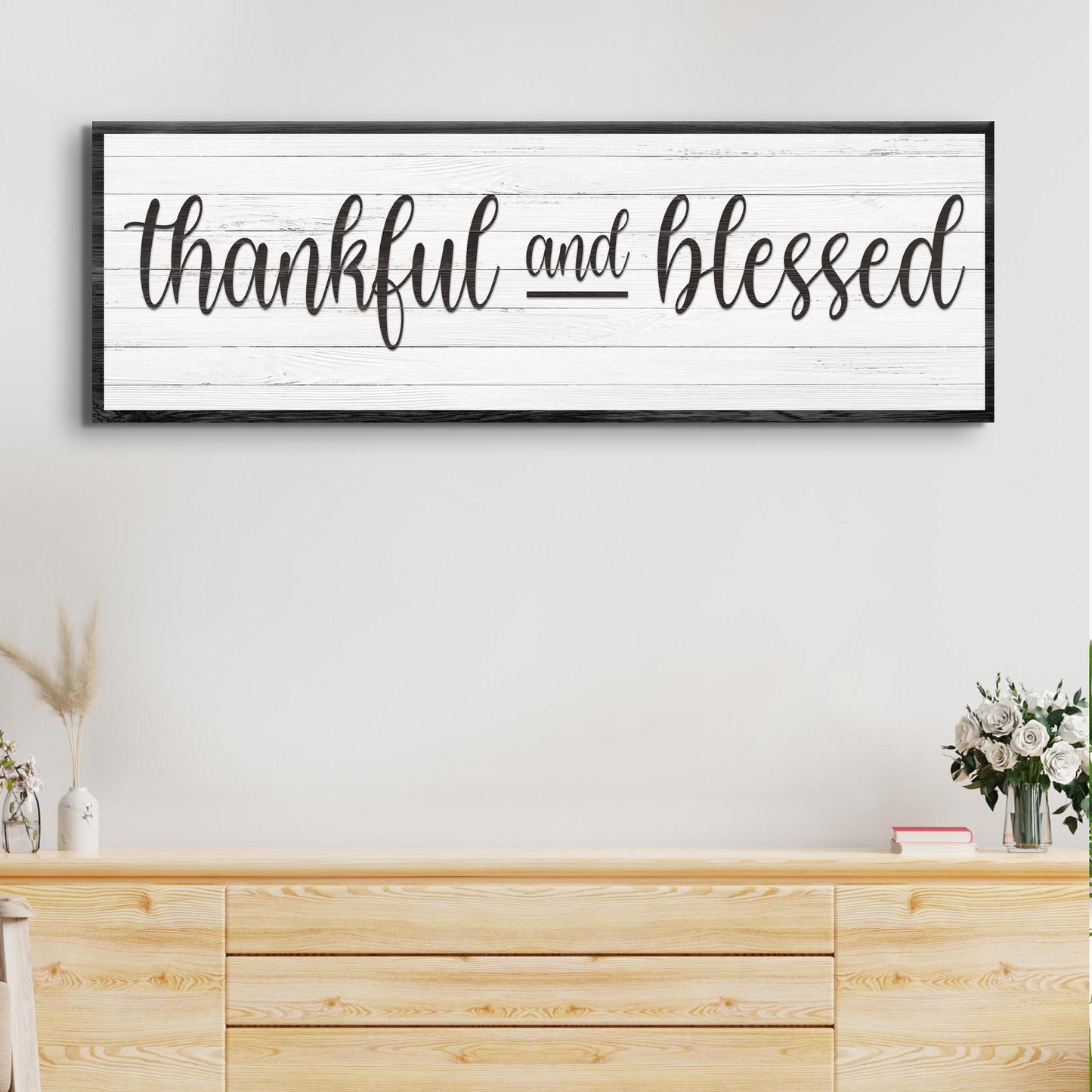 Thankful And Blessed Sign III canvas with whitewashed wood planks and black frame on Tampa Home & Garden Store