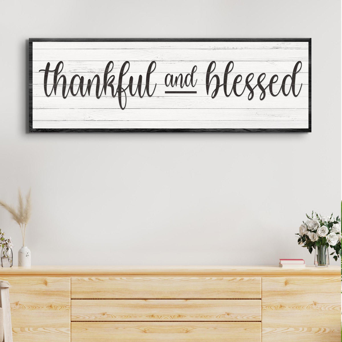 Thankful And Blessed Sign III canvas with whitewashed wood planks and black frame on Tampa Home & Garden Store