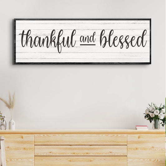 Thankful And Blessed Sign III canvas with whitewashed wood planks and black frame on Tampa Home & Garden Store