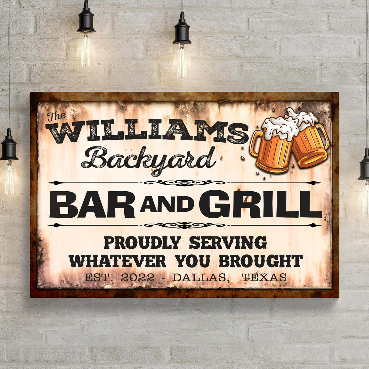 Backyard Bar & Grill Sign IX canvas by Tailored Canvases, rustic framed craft sign on brick wall with beer mug artwork on Tampa Home & Garden Store