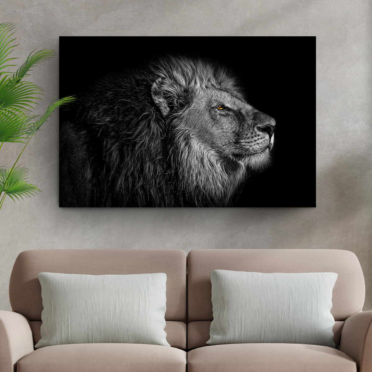 Black and white lion head canvas wall art by Tailored Canvases, crafting canvas on Tampa Home & Garden Store