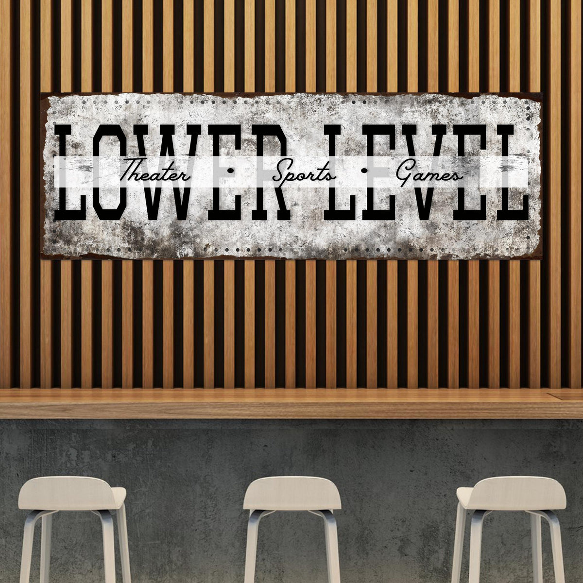 Tailored Canvases canvas sign Lower Level Theater Sports Games with distressed gray panel on Tampa Home & Garden Store