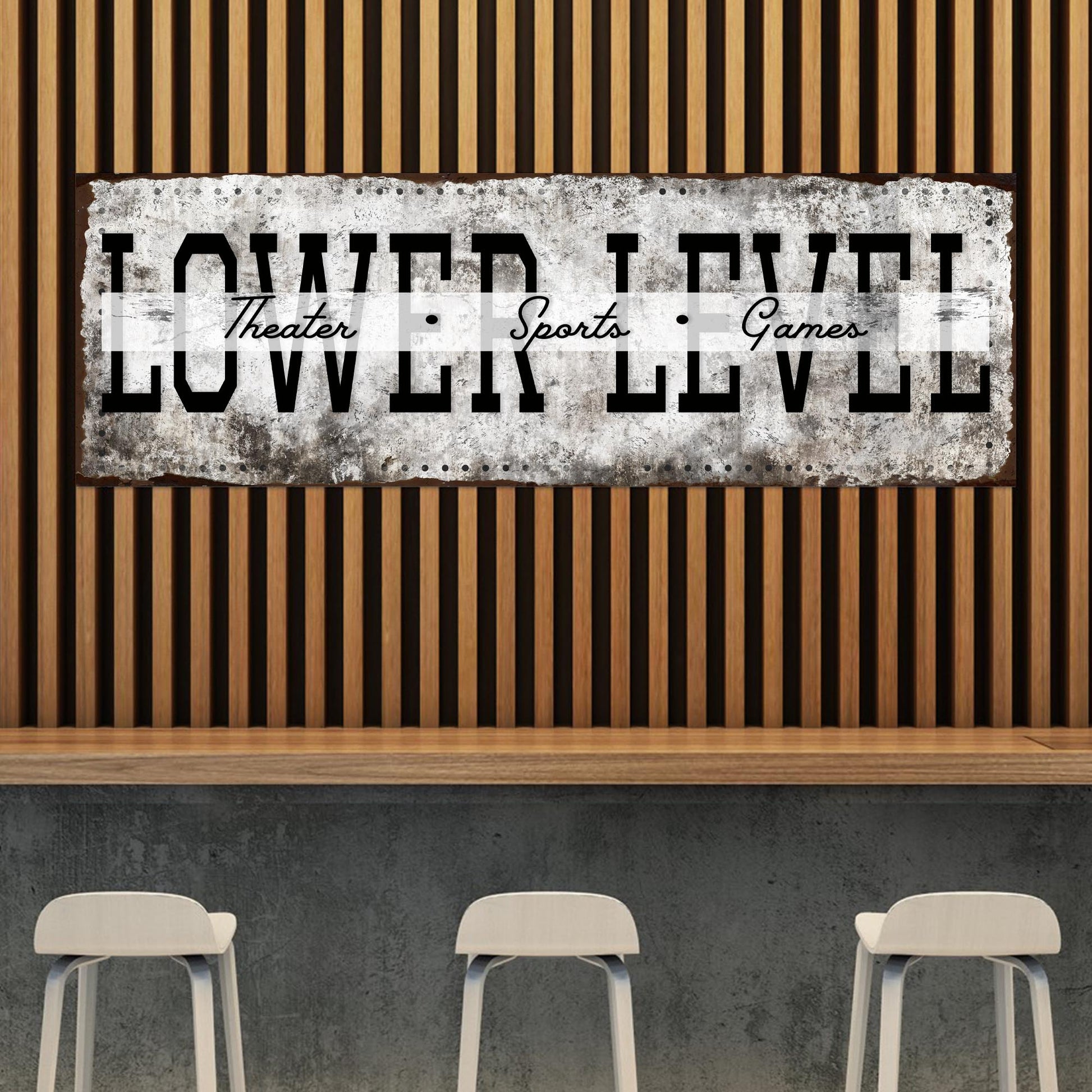 Tailored Canvases canvas sign Lower Level Theater Sports Games with distressed gray panel on Tampa Home & Garden Store