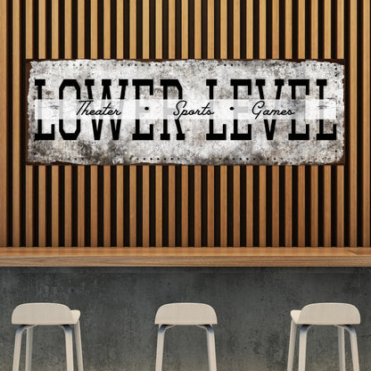 Tailored Canvases canvas sign Lower Level Theater Sports Games with distressed gray panel on Tampa Home & Garden Store