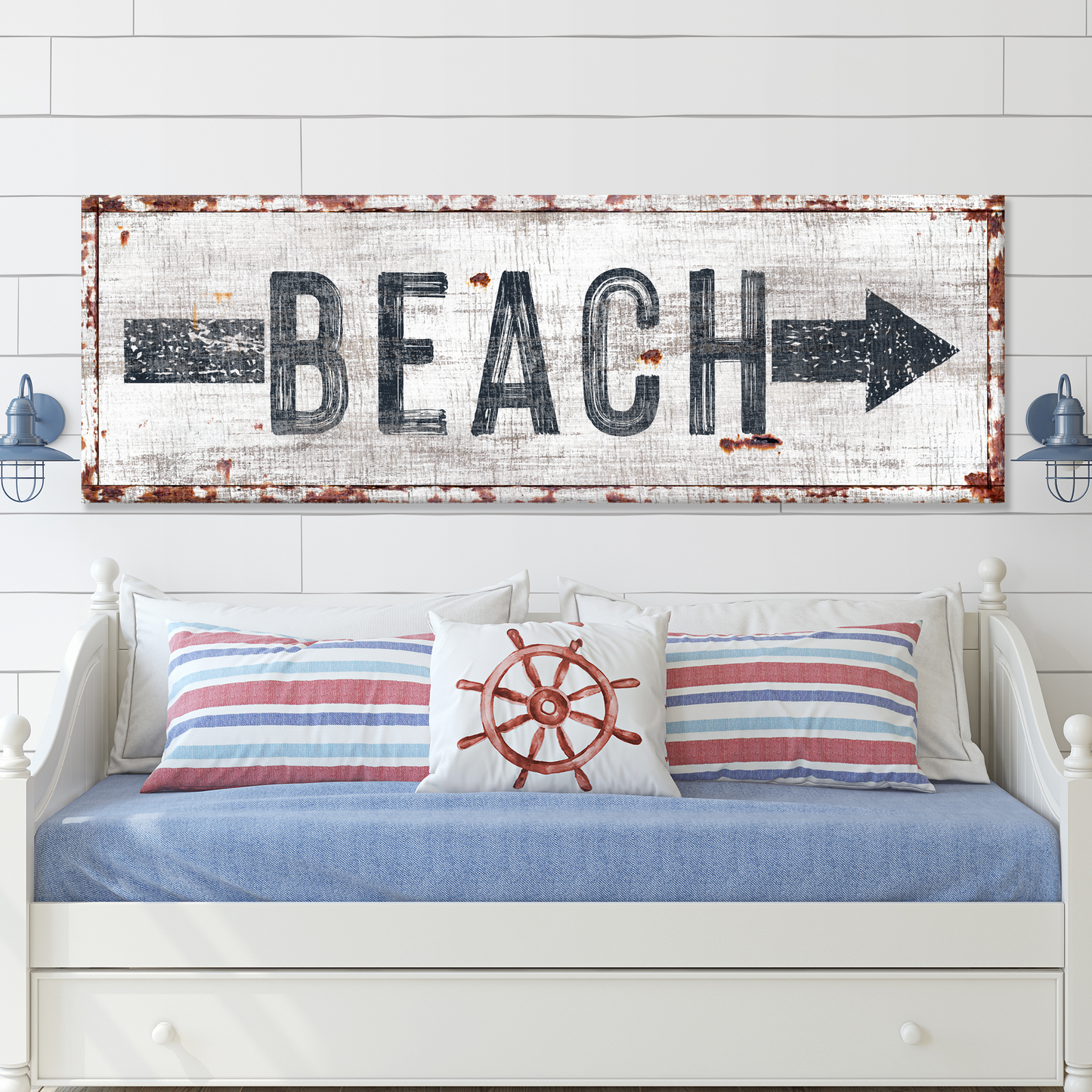 Beach Arrow Sign Canvas Tailored Canvases whitewash with BEACH lettering and right arrow on Tampa Home & Garden Store