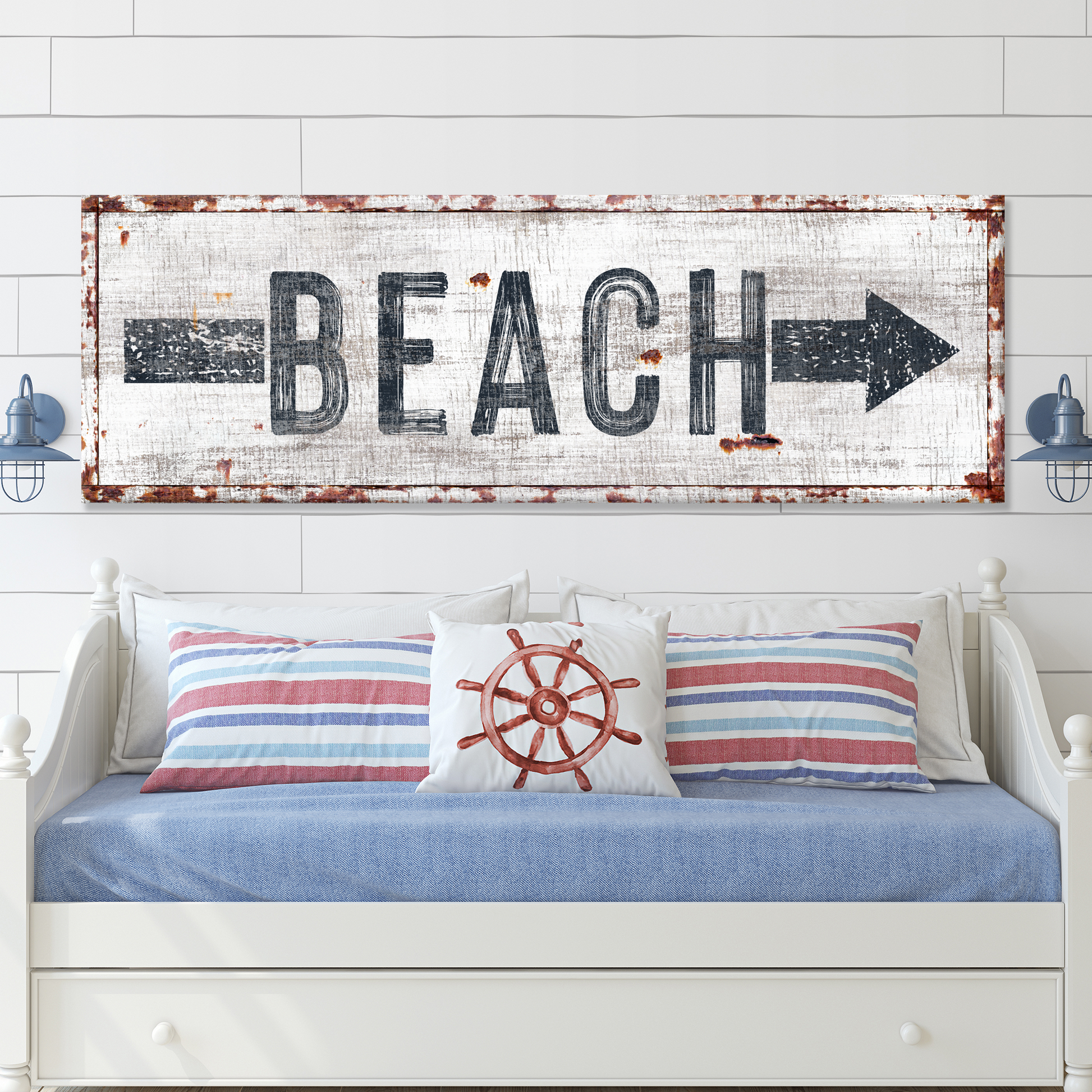 Beach Arrow Sign Canvas Tailored Canvases whitewash with BEACH lettering and right arrow on Tampa Home & Garden Store