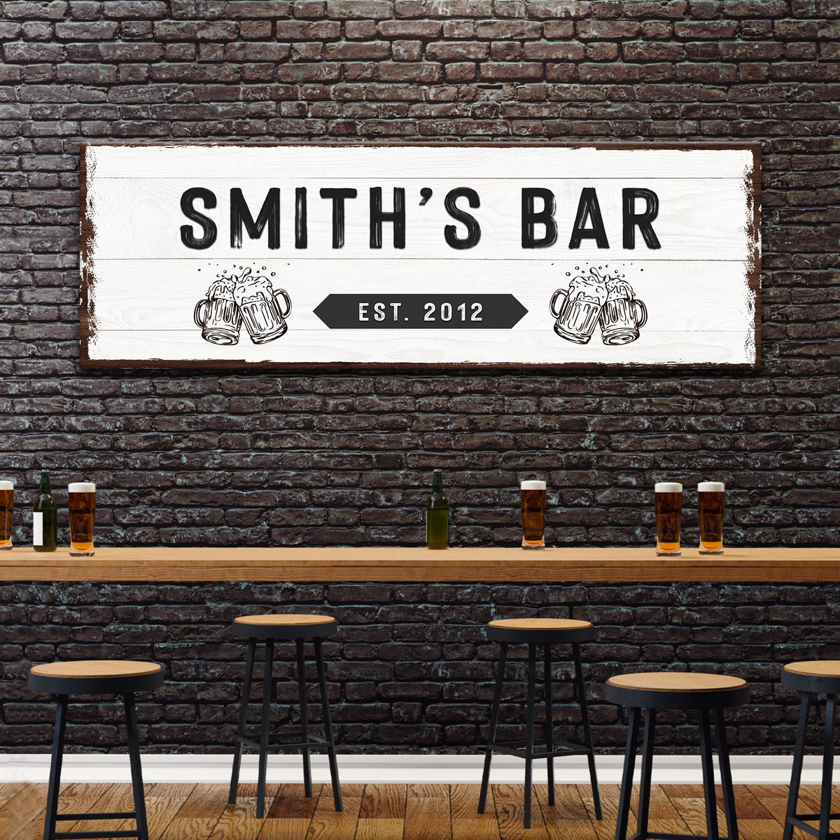 Family Bar Sign canvas by Tailored Canvases on distressed white wood with SMITH'S BAR beer mugs on Tampa Home & Garden Store