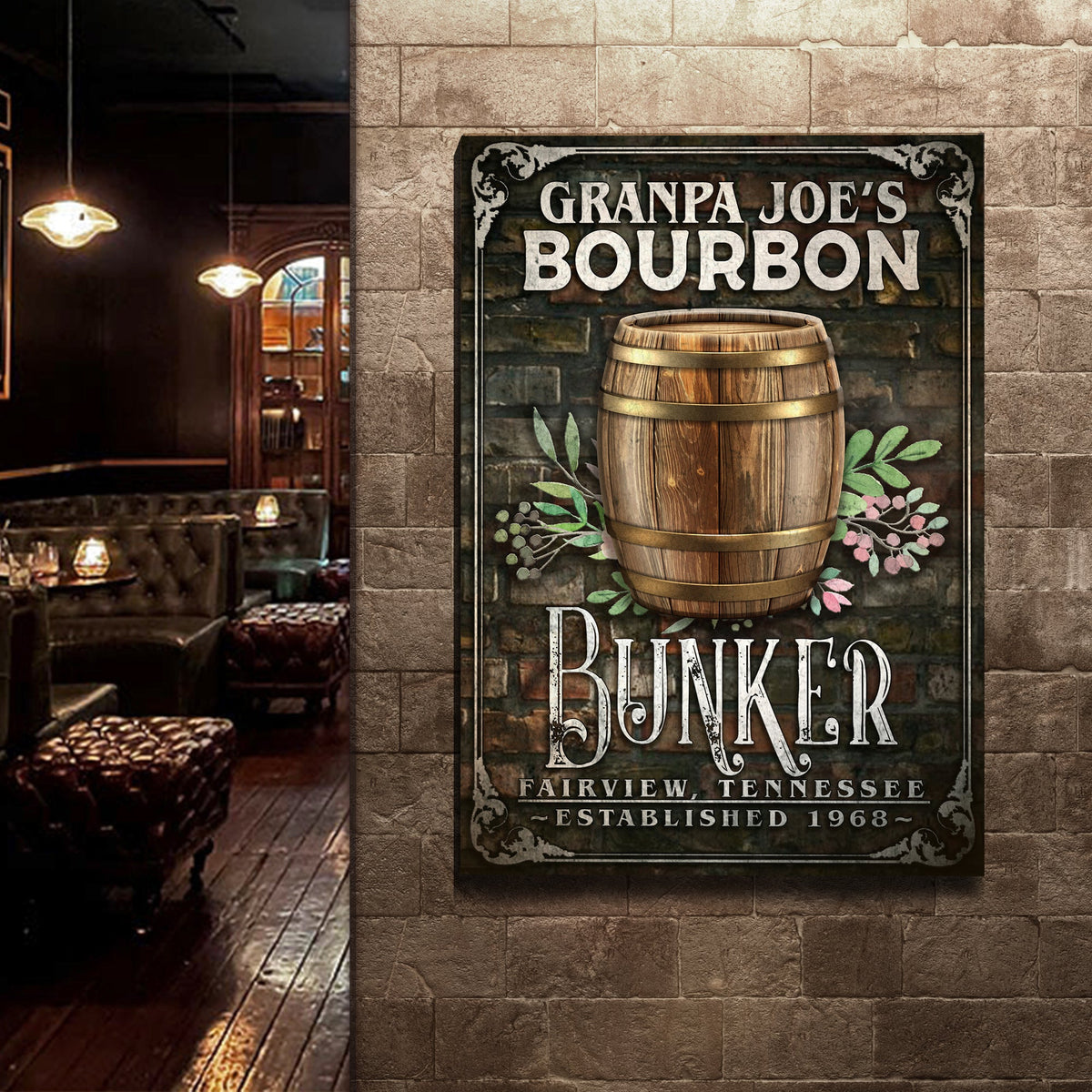Bourbon Bunker Sign canvas by Tailored Canvases featuring a rustic barrel foreground on Tampa Home & Garden Store