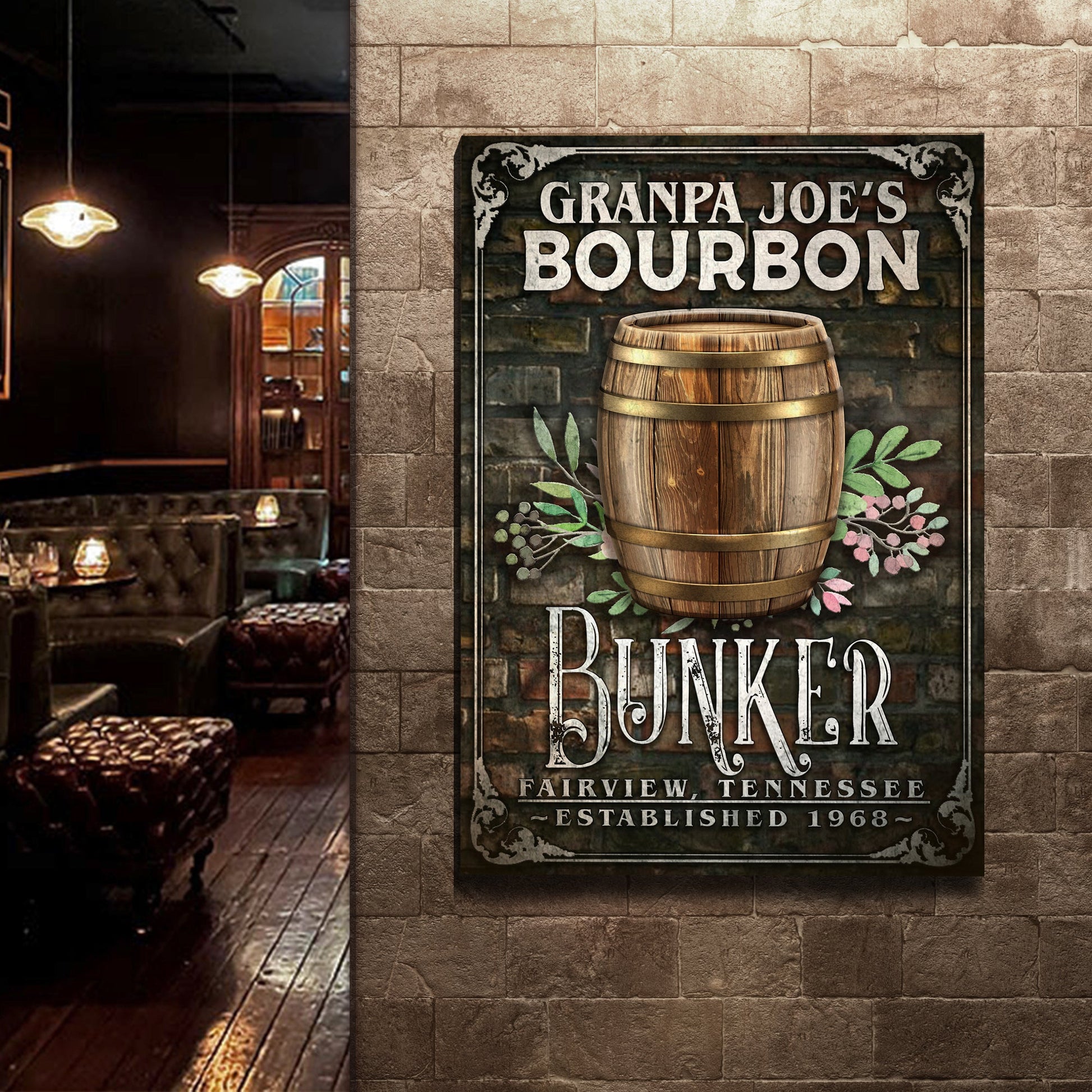Bourbon Bunker Sign canvas by Tailored Canvases featuring a rustic barrel foreground on Tampa Home & Garden Store
