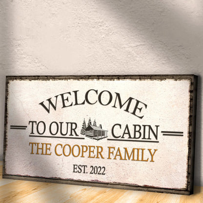 Canvas sign Welcome To Our Cabin with cabin and pine trees Tailored Canvases on Tampa Home & Garden Store