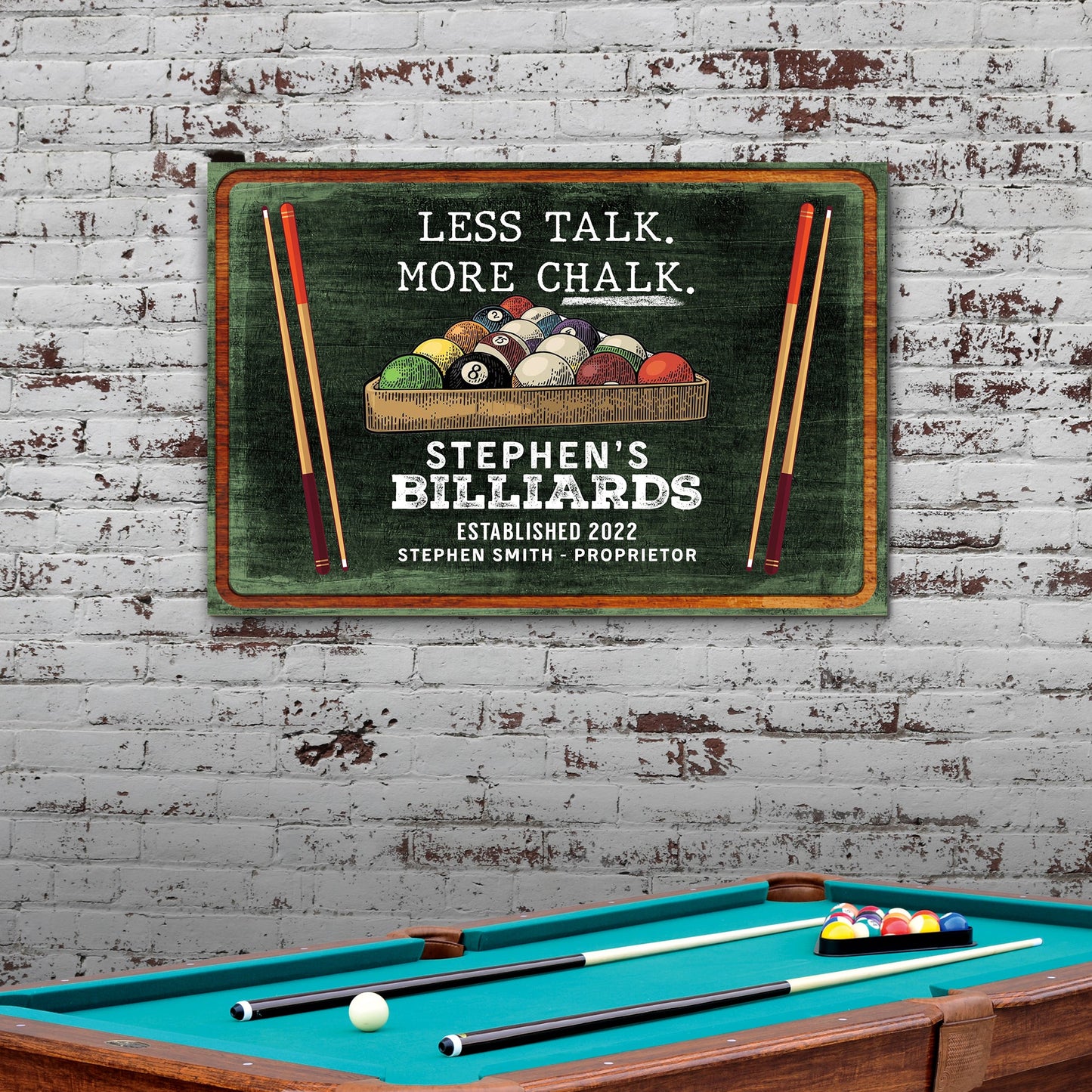 Less Talk More Chalk Billiards Sign II canvas by Tailored Canvases with chalkboard backdrop on Tampa Home & Garden Store