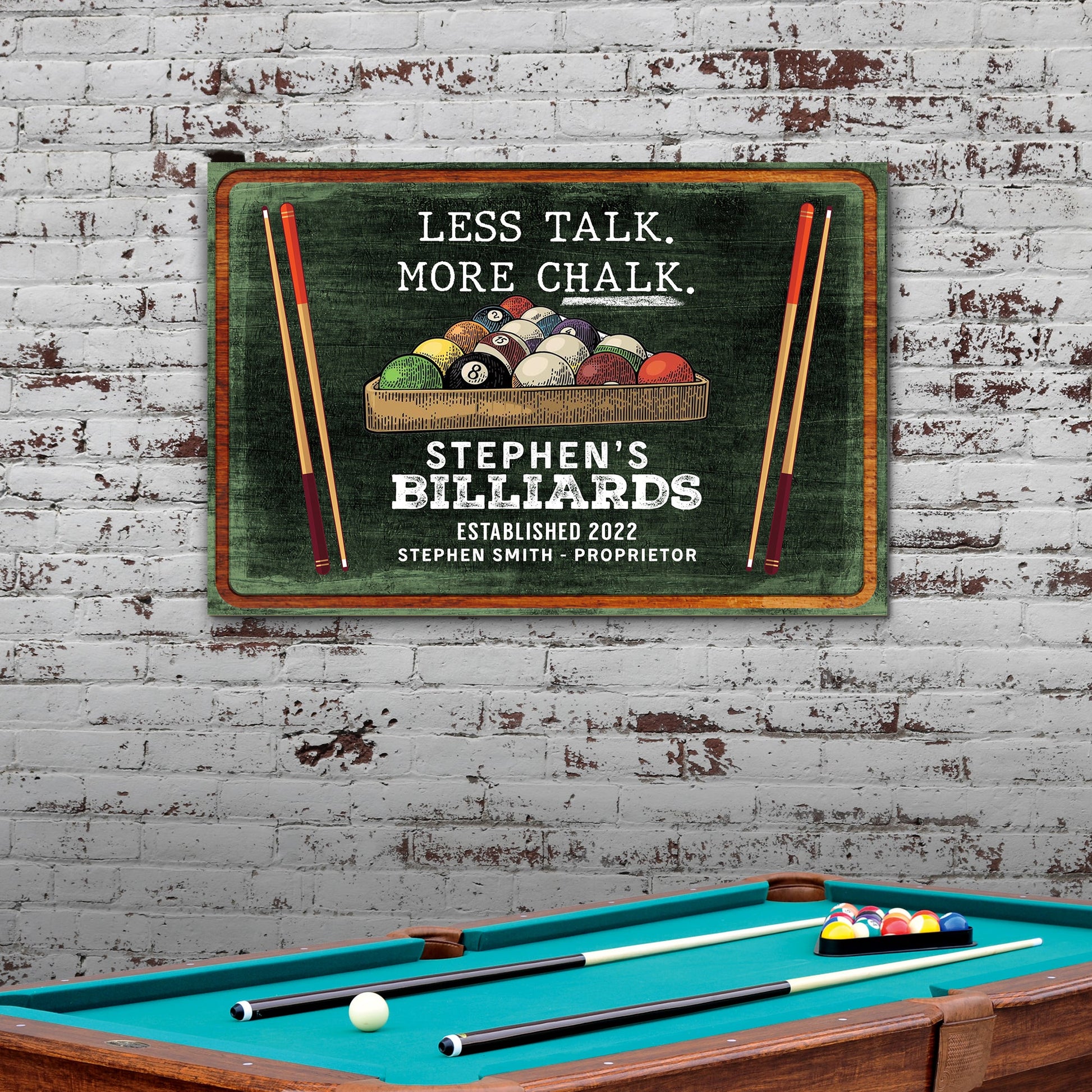 Less Talk More Chalk Billiards Sign II canvas by Tailored Canvases with chalkboard backdrop on Tampa Home & Garden Store