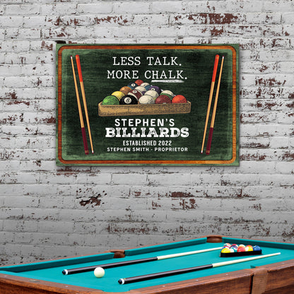 Less Talk More Chalk Billiards Sign II canvas by Tailored Canvases with chalkboard backdrop on Tampa Home & Garden Store