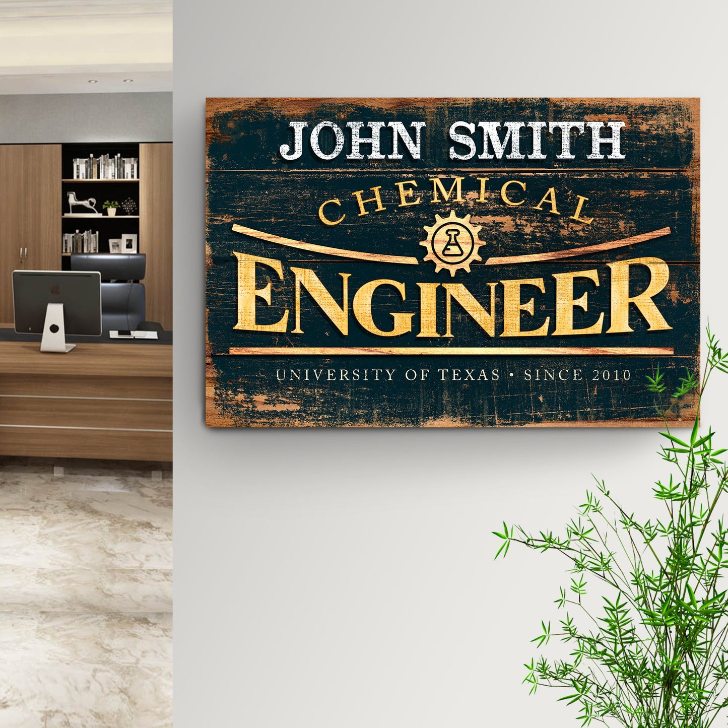 Chemical Engineer sign canvas with distressed wood and gold ENGINEER text Tailored Canvases on Tampa Home & Garden Store