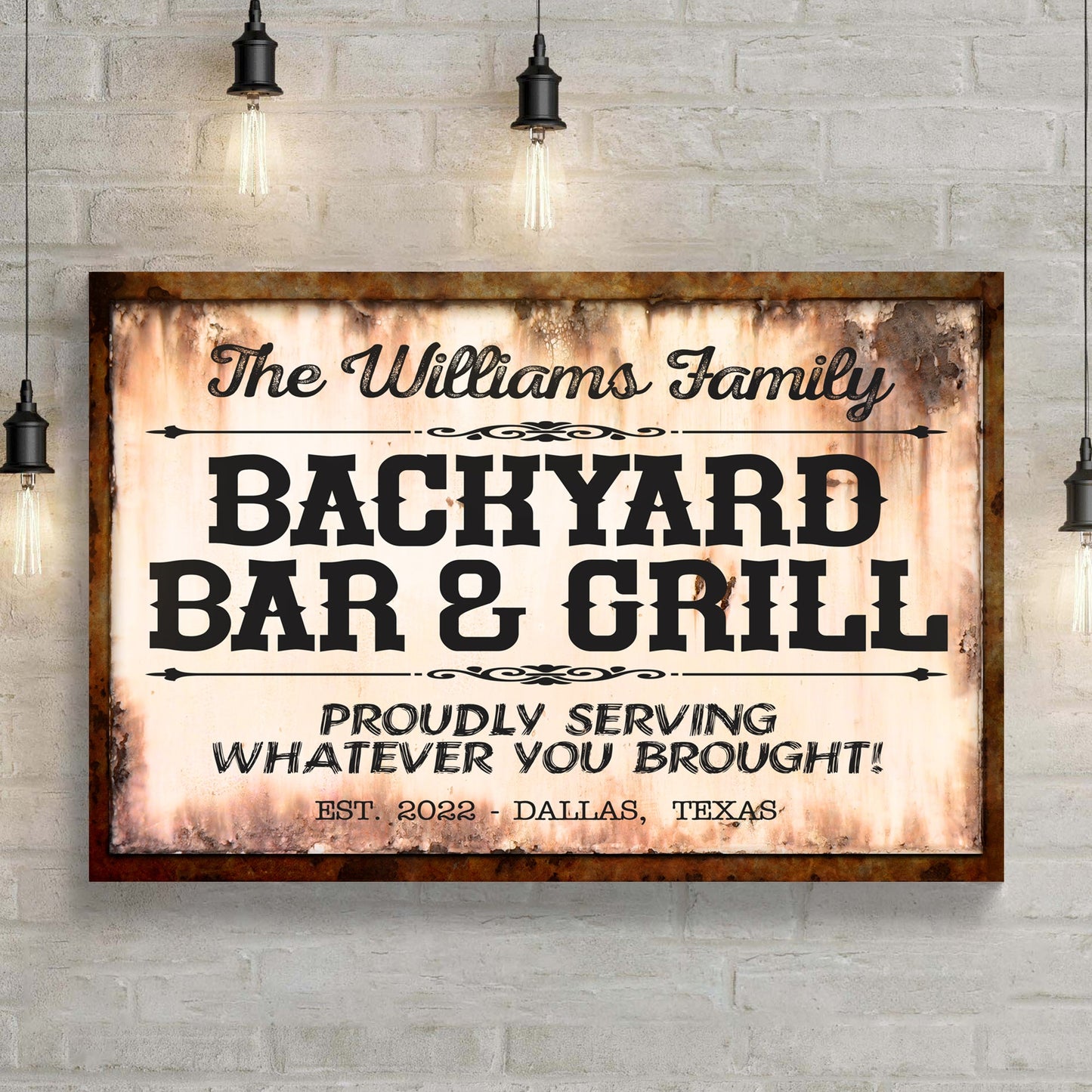 Canvas Backyard Bar & Grill sign with a rusty frame by Tailored Canvases on Tampa Home & Garden Store