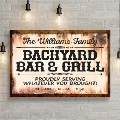 Canvas Backyard Bar & Grill sign with a rusty frame by Tailored Canvases on Tampa Home & Garden Store