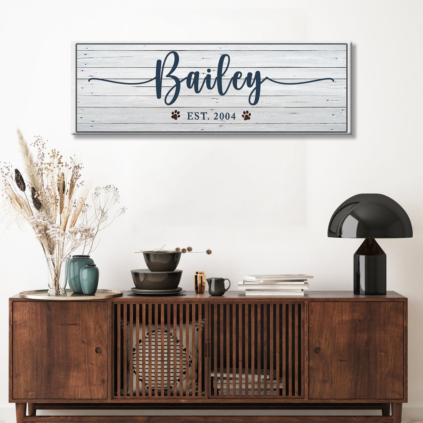 Pet Name Sign II canvas with Bailey in navy script on weathered wood planks with paw prints on Tampa Home & Garden Store