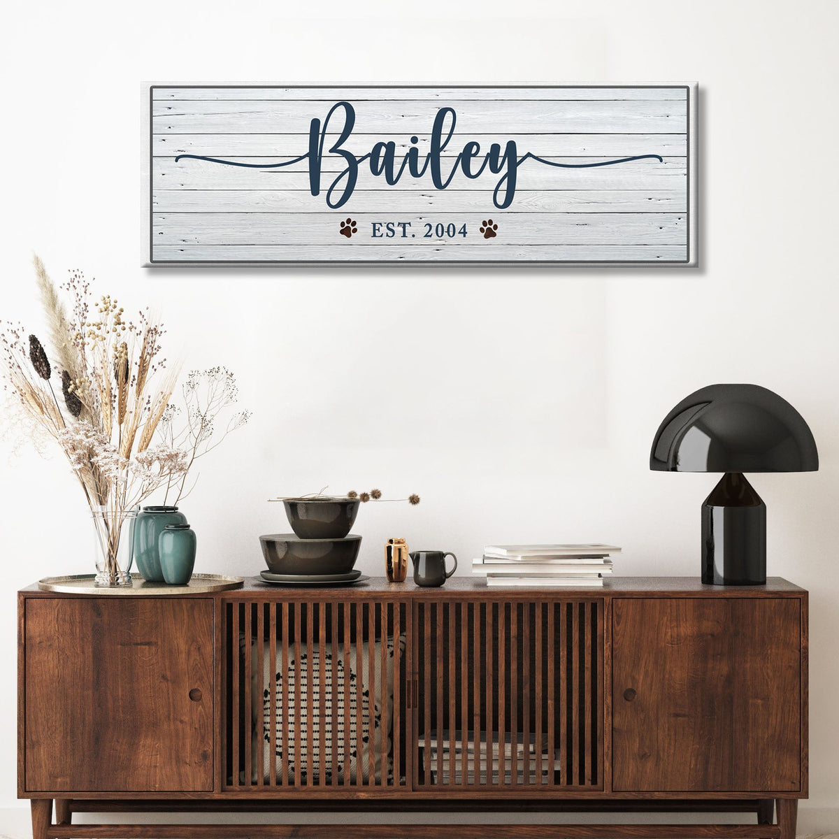 Pet Name Sign II canvas with Bailey in navy script on weathered wood planks with paw prints on Tampa Home & Garden Store