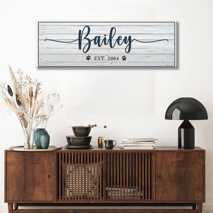 Pet Name Sign II canvas with Bailey in navy script on weathered wood planks with paw prints on Tampa Home & Garden Store